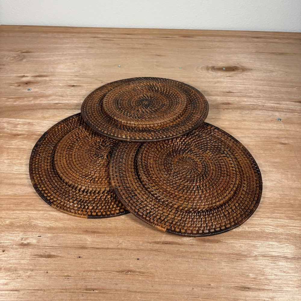 Set of 3 Woven Rattan Charger Plates Dark Brown 13 Inch Round Table Decor